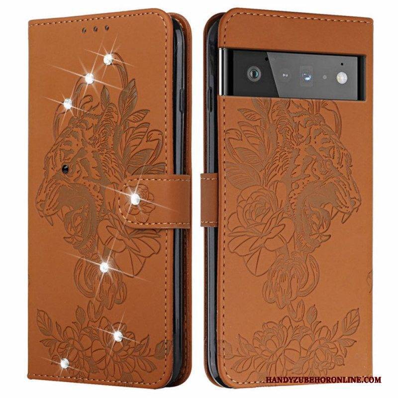 Flip Case Für Google Pixel 6 Pro Barocker Tiger Und Strass