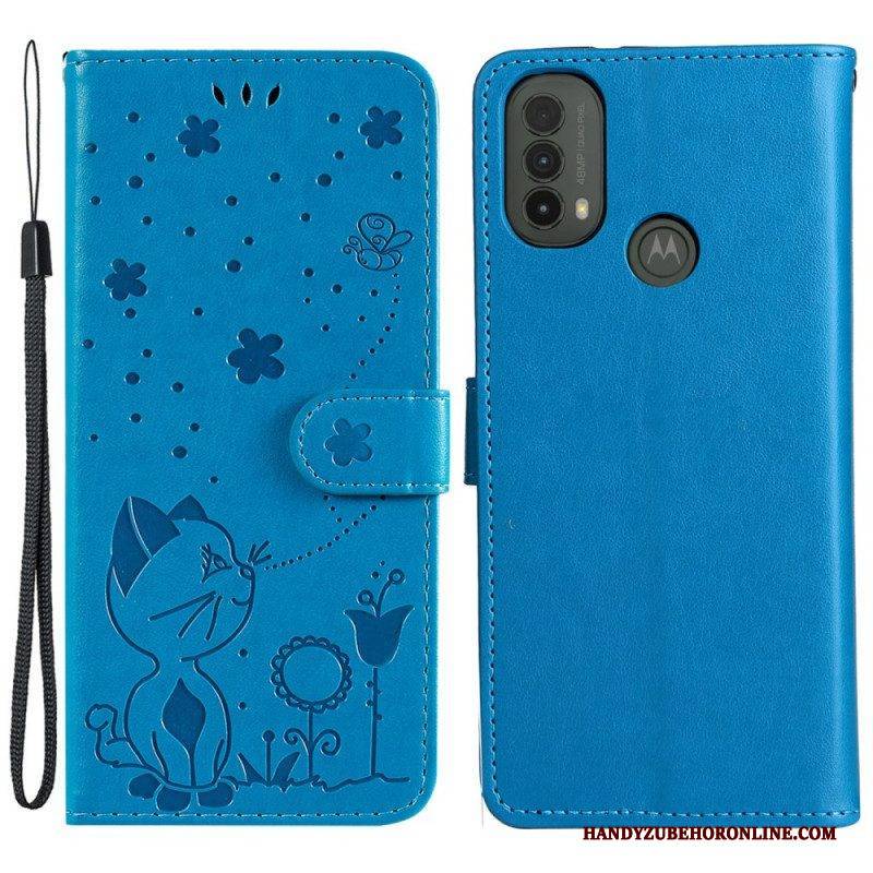 Flip Case Für Moto E40 / E30 / E20 Mit Kordel Katze Und Biene Mit Schlüsselband