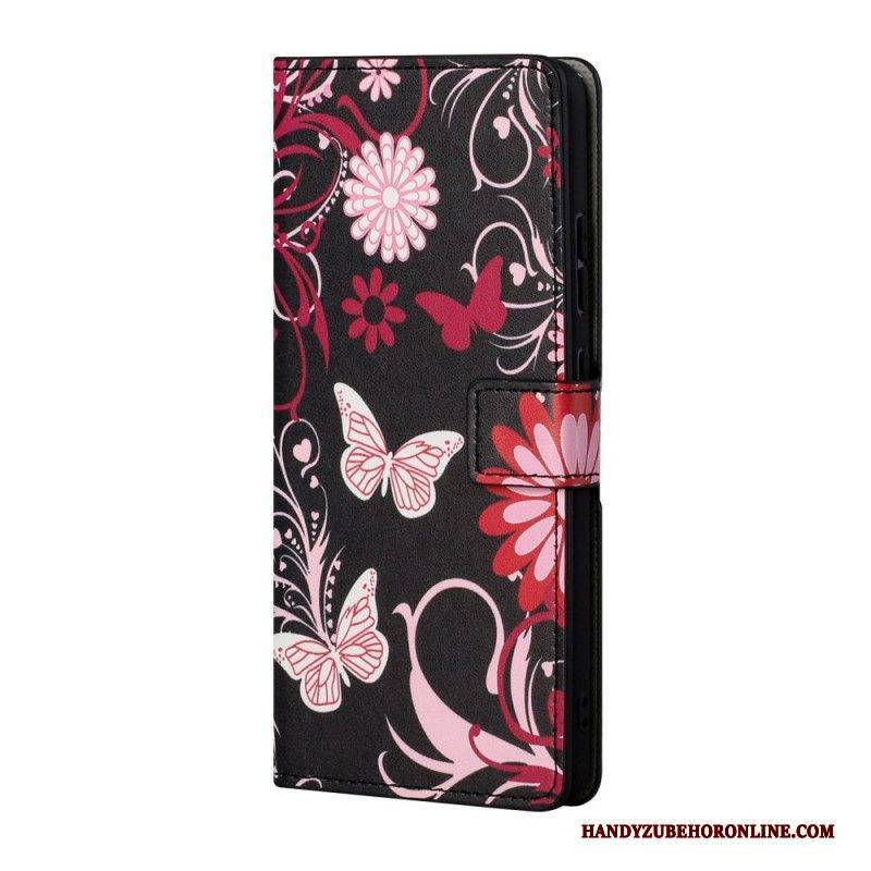 Flip Case Für Samsung Galaxy A13 5G / A04s Schmetterlinge Und Blumen