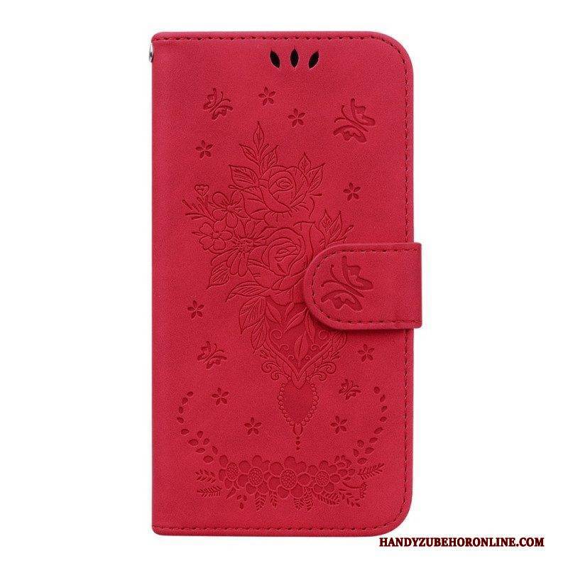 Flip Case Für Samsung Galaxy A14 / A14 5G Mit Kordel Riemchenrosen Und Schmetterlinge