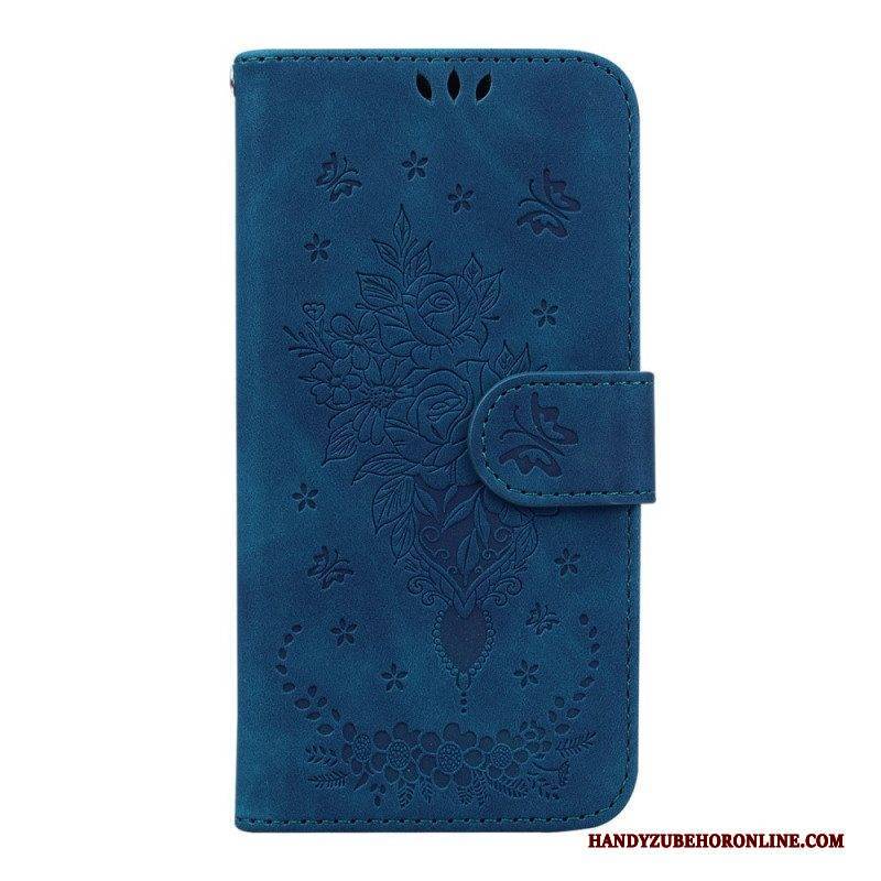 Flip Case Für Samsung Galaxy A14 / A14 5G Mit Kordel Riemchenrosen Und Schmetterlinge