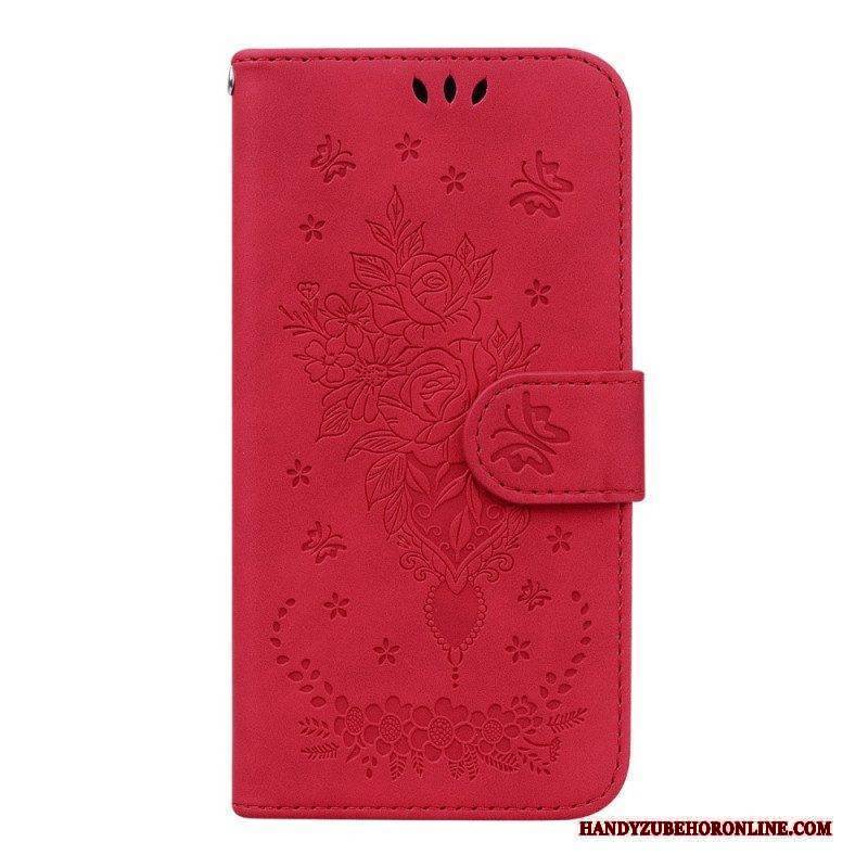 Flip Case Für Samsung Galaxy A14 / A14 5G Mit Kordel Riemchenrosen Und Schmetterlinge