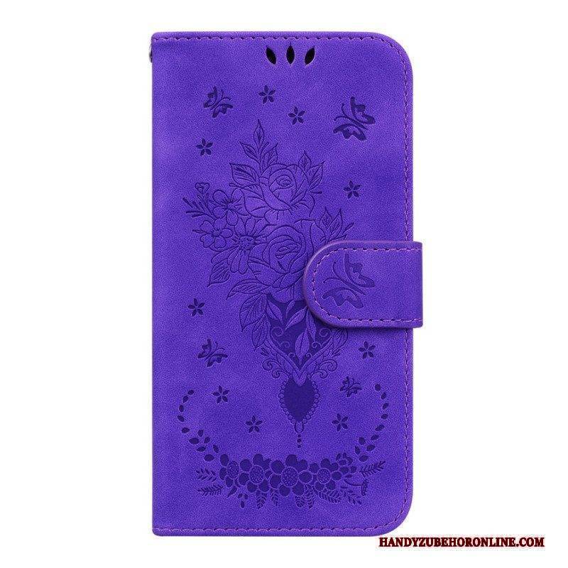 Flip Case Für Samsung Galaxy A14 / A14 5G Mit Kordel Riemchenrosen Und Schmetterlinge