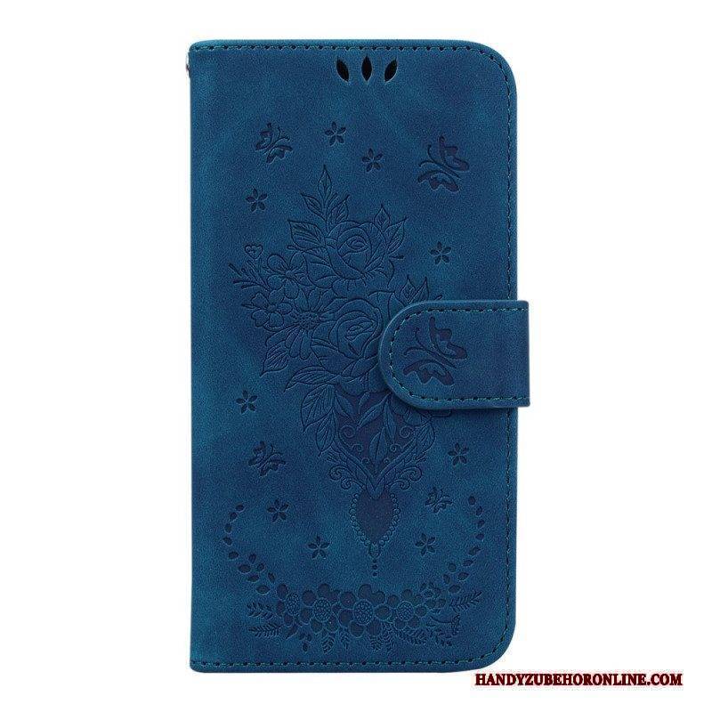 Flip Case Für Samsung Galaxy A14 / A14 5G Mit Kordel Riemchenrosen Und Schmetterlinge