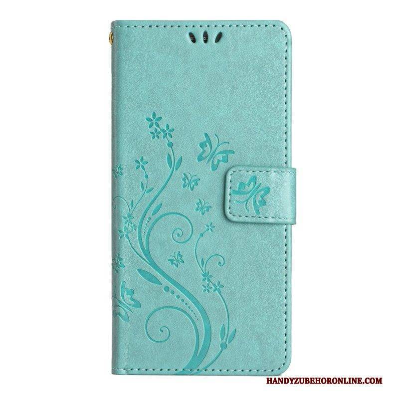 Flip Case Für Samsung Galaxy A54 5G Mit Kordel Blumen Und Schmetterlinge Mit Riemen