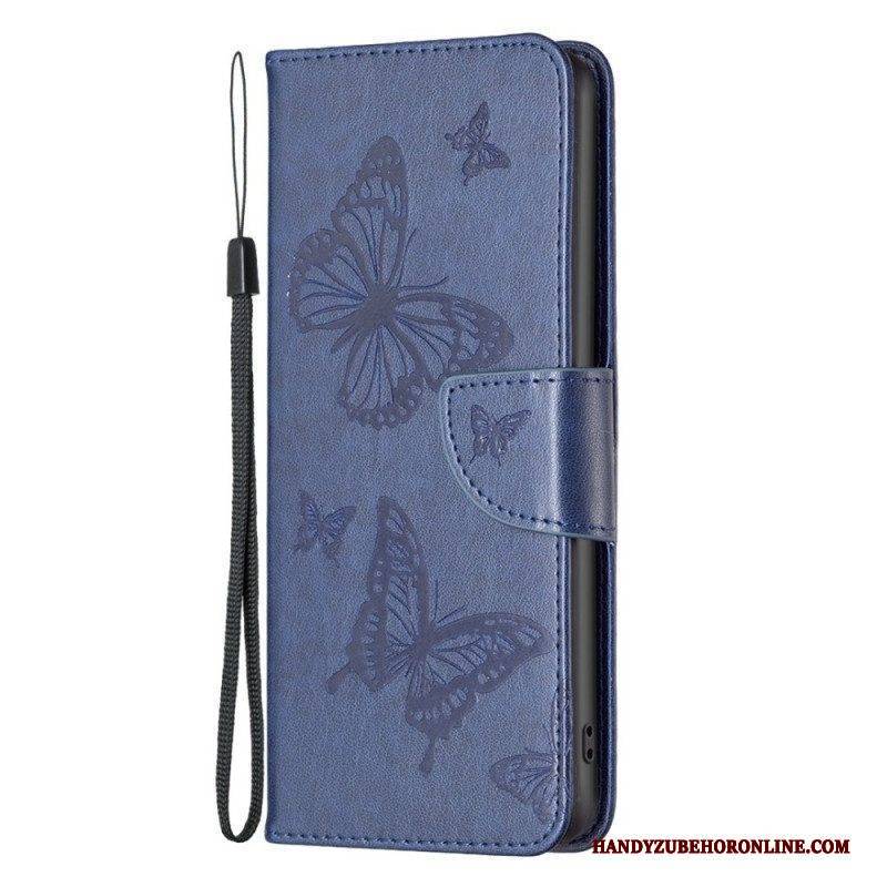 Flip Case Für Samsung Galaxy M23 5G Mit Kordel Riemchen Mit Schmetterlingen-print