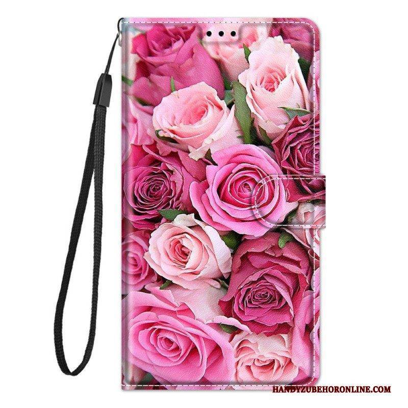 Flip Case Für Samsung Galaxy M53 5G Rosen Mit Schlüsselband