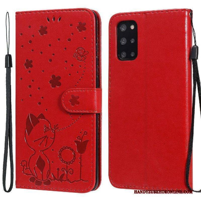 Flip Case Für Samsung Galaxy S20 Plus / S20 Plus 5G Mit Kordel Katze Und Biene Mit Schlüsselband