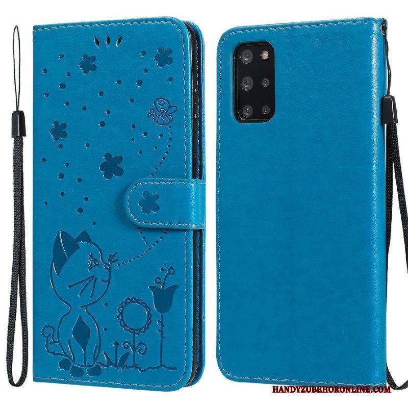 Flip Case Für Samsung Galaxy S20 Plus / S20 Plus 5G Mit Kordel Katze Und Biene Mit Schlüsselband