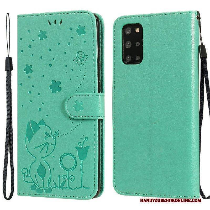 Flip Case Für Samsung Galaxy S20 Plus / S20 Plus 5G Mit Kordel Katze Und Biene Mit Schlüsselband