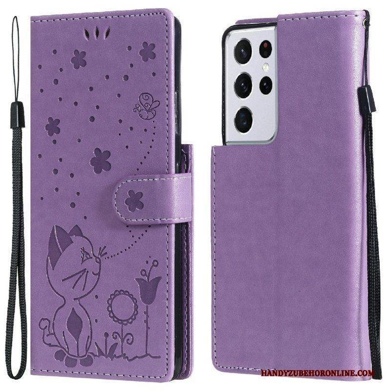 Flip Case Für Samsung Galaxy S21 Ultra 5G Mit Kordel Katze Und Biene Mit Schlüsselband