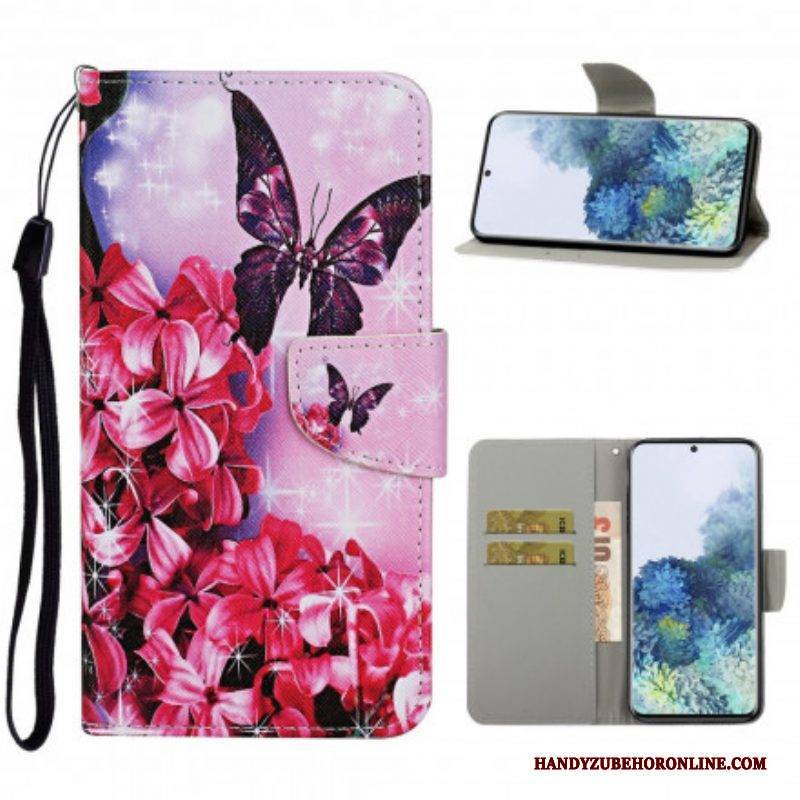 Flip Case Für Samsung Galaxy S21 Ultra 5G Schmetterlinge Blumen-lanyard