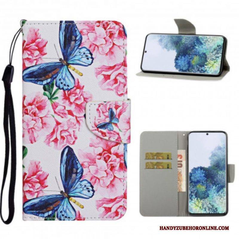 Flip Case Für Samsung Galaxy S21 Ultra 5G Schmetterlinge Blumen-lanyard