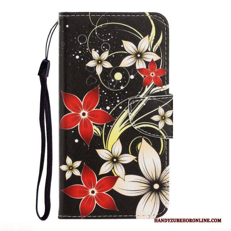 Flip Case Für Samsung Galaxy S22 Ultra 5G Mit Kordel Bunte Riemchenblumen