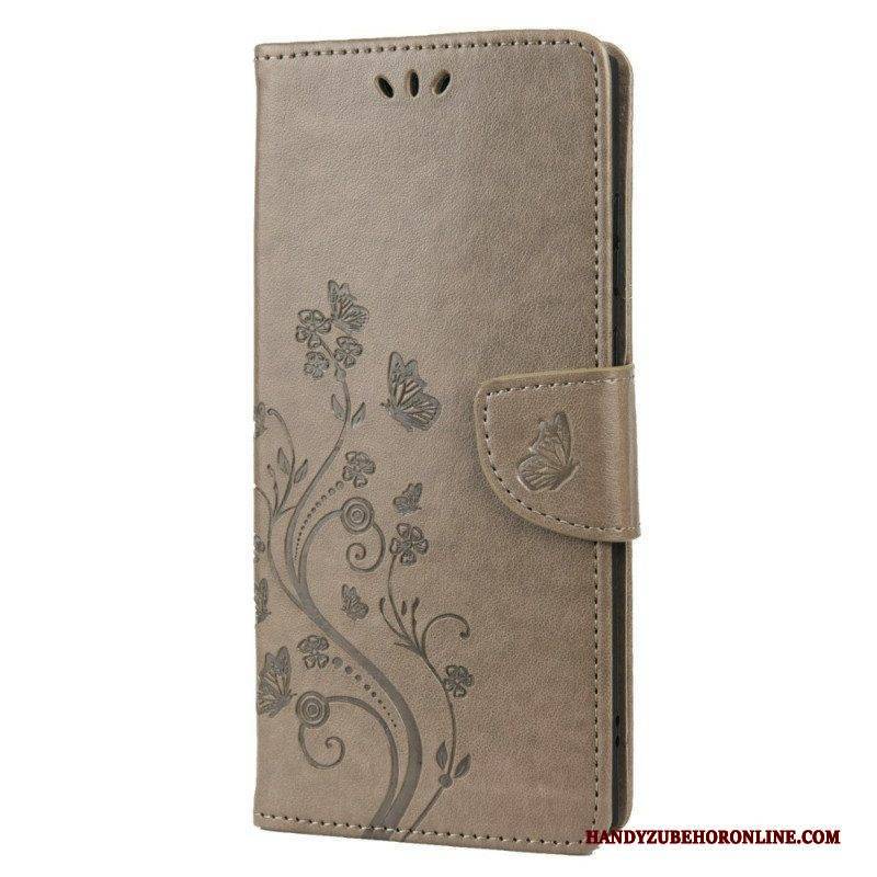 Flip Case Für Samsung Galaxy S22 Ultra 5G Schmetterlinge Und Blumen Mit Schlüsselband