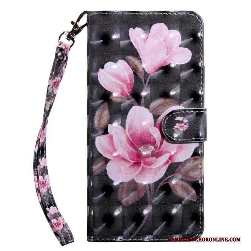 Flip Case Für Samsung Galaxy S23 5G Mit Kordel Riemchenblumenmuster