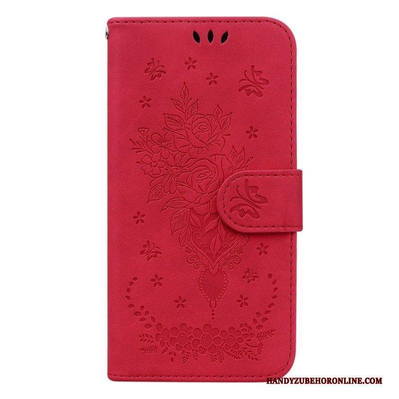 Flip Case Für Samsung Galaxy S23 5G Mit Kordel Riemchenrosen Und Schmetterlinge