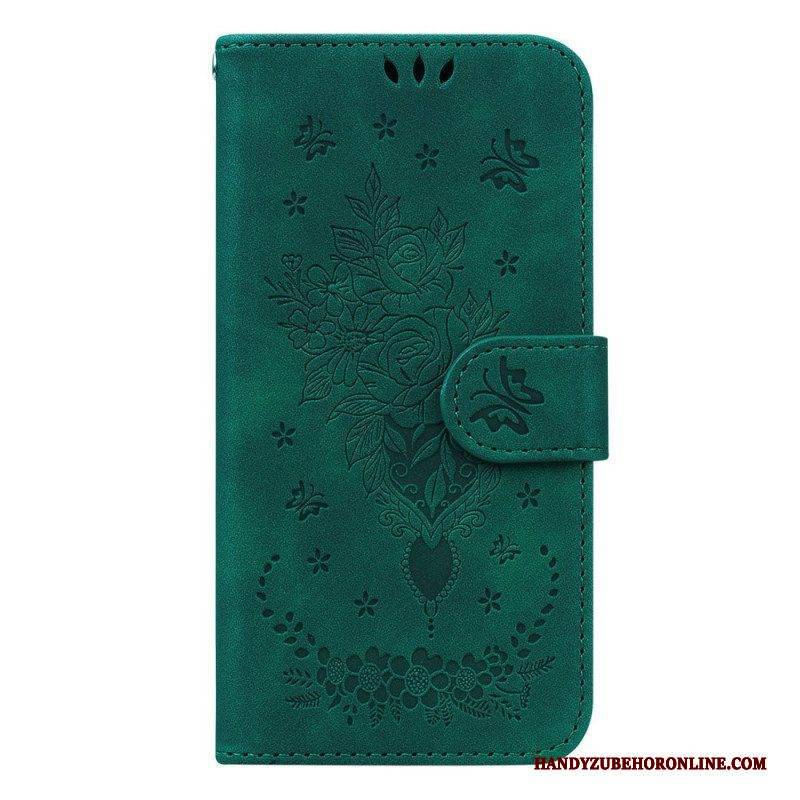 Flip Case Für Samsung Galaxy S23 5G Mit Kordel Riemchenrosen Und Schmetterlinge