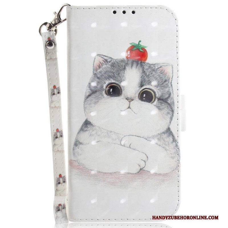 Flip Case Für Samsung Galaxy S23 Ultra 5G Mit Kordel Graue Katze Mit Riemen