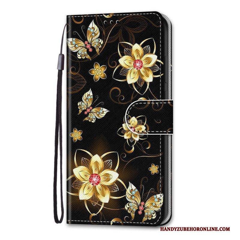 Flip Case Für Xiaomi Redmi Note 11 Pro Plus 5G Mit Kordel Riemenblumen