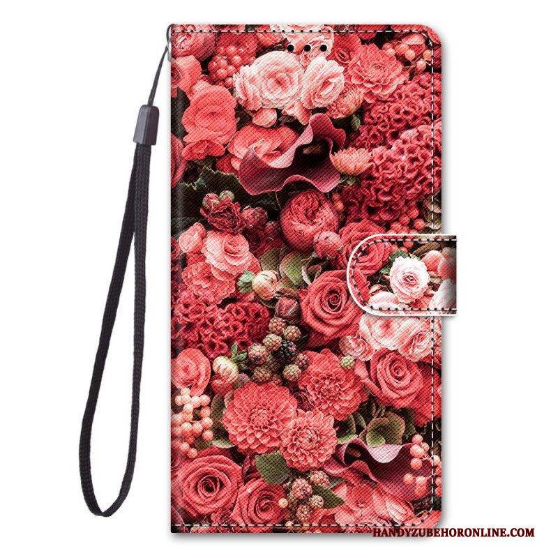 Flip Case Für Xiaomi Redmi Note 11 Pro Plus 5G Mit Kordel Riemenblumen