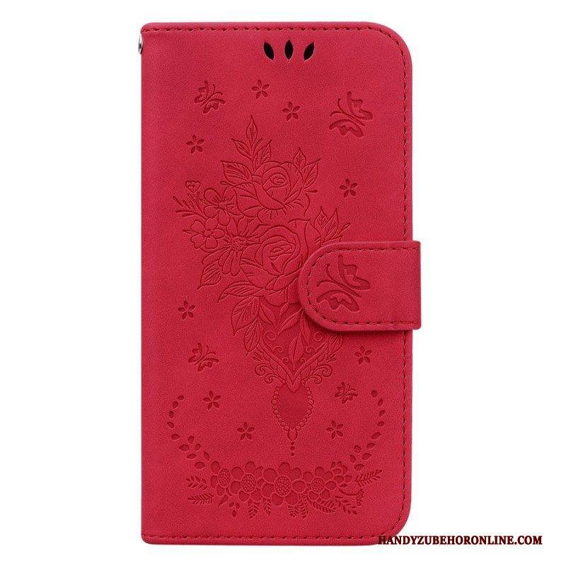 Flip Case Für Xiaomi Redmi Note 12 4G Mit Kordel Riemchenrosen Und Schmetterlinge