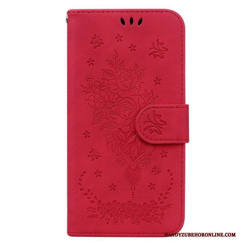 Flip Case Für Xiaomi Redmi Note 12 5G Mit Kordel Riemchenrosen Und Schmetterlinge