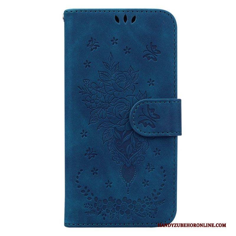 Flip Case Für Xiaomi Redmi Note 12 5G Mit Kordel Riemchenrosen Und Schmetterlinge