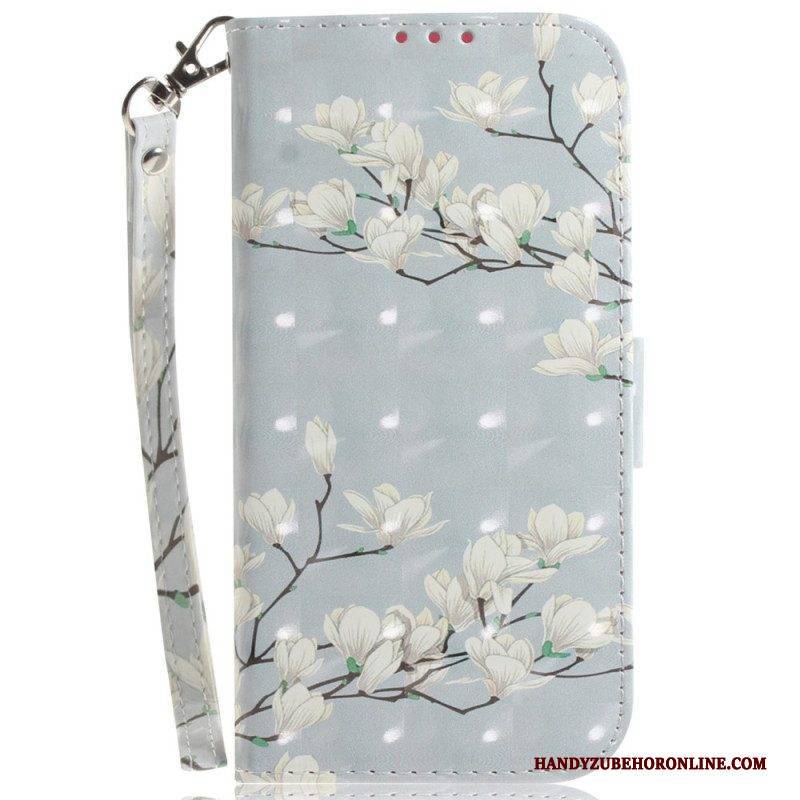 Flip Case Für Xiaomi Redmi Note 12 5G Mit Kordel Weiße Riemchenblumen