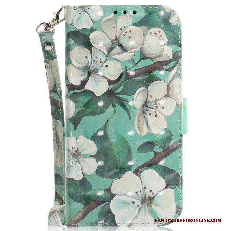 Flip Case Für Xiaomi Redmi Note 12 5G Mit Kordel Weiße Riemchenblumen