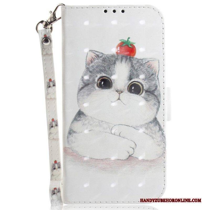 Flip Case Für iPhone 15 Plus Mit Kordel Grafische Katze Mit Schlüsselband