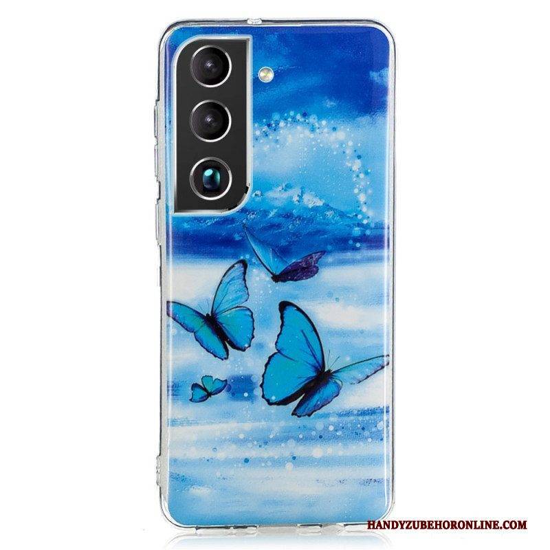 Handyhülle Für Samsung Galaxy S22 Plus 5G Fluoreszierende Blaue Schmetterlinge