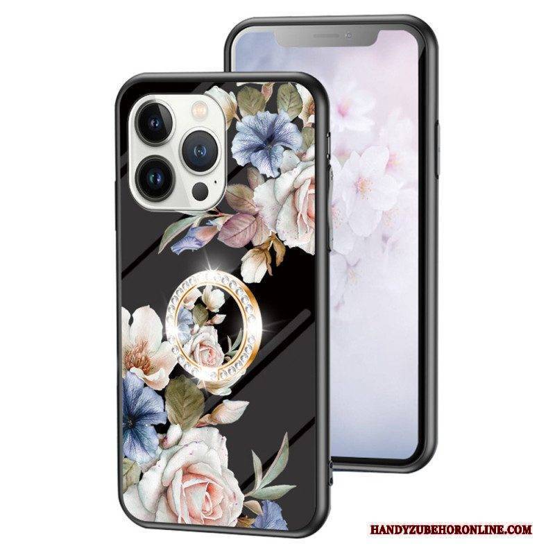 Hülle Für iPhone 15 Pro Florales Gehärtetes Glas Mit Stützring