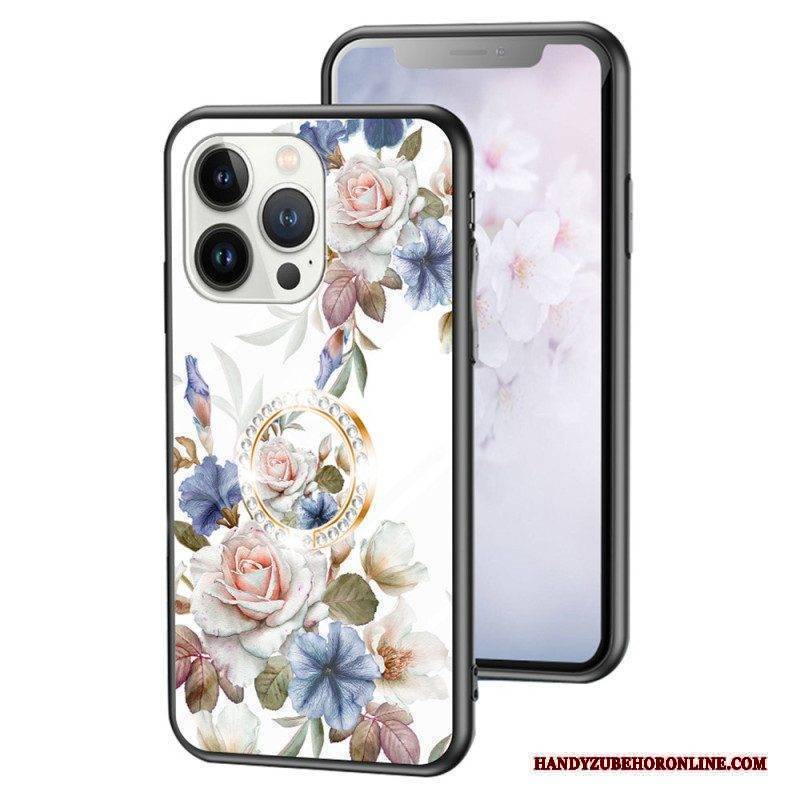 Hülle Für iPhone 15 Pro Florales Gehärtetes Glas Mit Stützring