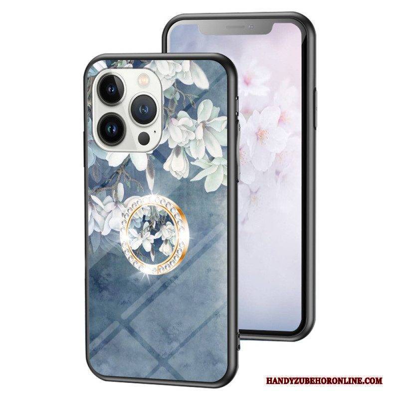 Hülle Für iPhone 15 Pro Florales Gehärtetes Glas Mit Stützring