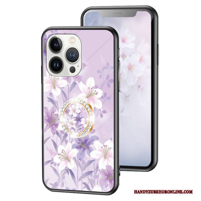 Hülle Für iPhone 15 Pro Florales Gehärtetes Glas Mit Stützring