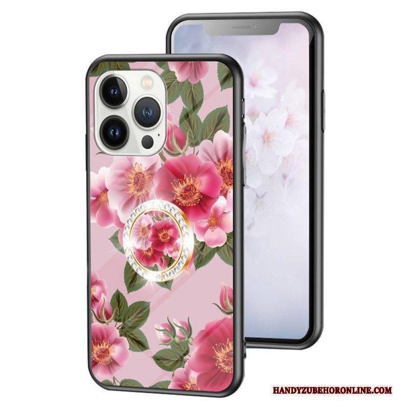 Hülle Für iPhone 15 Pro Florales Gehärtetes Glas Mit Stützring