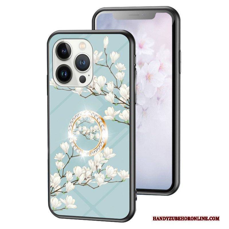 Hülle Für iPhone 15 Pro Florales Gehärtetes Glas Mit Stützring