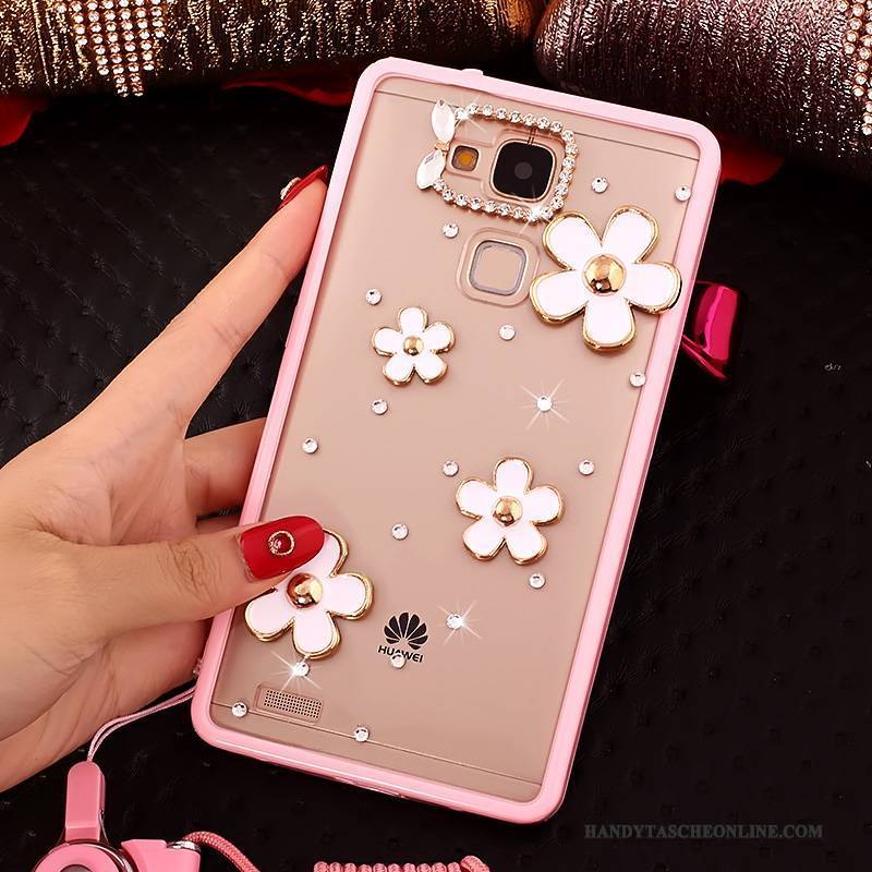 Hülle Huawei Ascend Mate 7 Strass Anti-sturz Handyhüllen, Case Huawei Ascend Mate 7 Weiche Rosa Hängender Hals