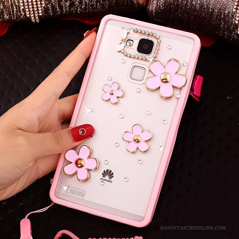 Hülle Huawei Ascend Mate 7 Strass Anti-sturz Handyhüllen, Case Huawei Ascend Mate 7 Weiche Rosa Hängender Hals