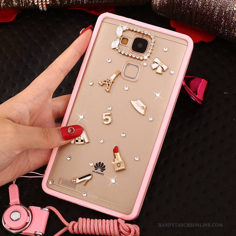 Hülle Huawei Ascend Mate 7 Strass Anti-sturz Handyhüllen, Case Huawei Ascend Mate 7 Weiche Rosa Hängender Hals