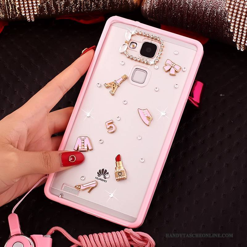 Hülle Huawei Ascend Mate 7 Strass Anti-sturz Handyhüllen, Case Huawei Ascend Mate 7 Weiche Rosa Hängender Hals