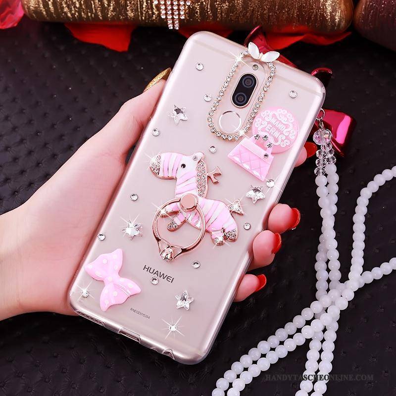 Hülle Huawei Mate 10 Lite Halterung Transparent Hängender Hals, Case Huawei Mate 10 Lite Strasssteinen Handyhüllen Rosa