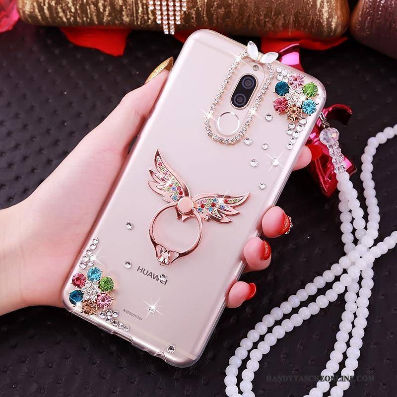 Hülle Huawei Mate 10 Lite Halterung Transparent Hängender Hals, Case Huawei Mate 10 Lite Strasssteinen Handyhüllen Rosa