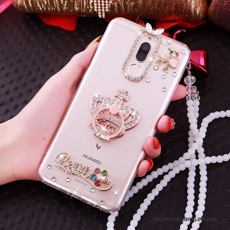 Hülle Huawei Mate 10 Lite Halterung Transparent Hängender Hals, Case Huawei Mate 10 Lite Strasssteinen Handyhüllen Rosa