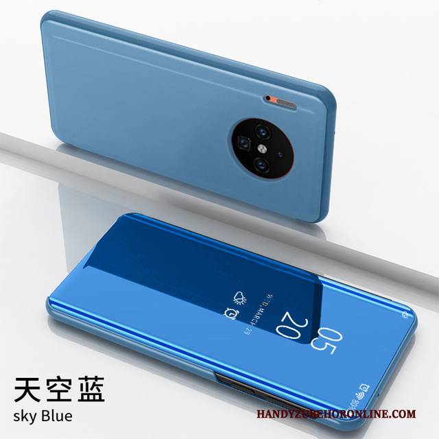 Hülle Huawei Mate 30 Pro Lederhülle Spiegel Handyhüllen, Case Huawei Mate 30 Pro Schutz Blau