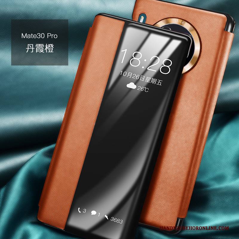 Hülle Huawei Mate 30 Pro Schutz Grün High-end, Case Huawei Mate 30 Pro Leder Orange Kuh