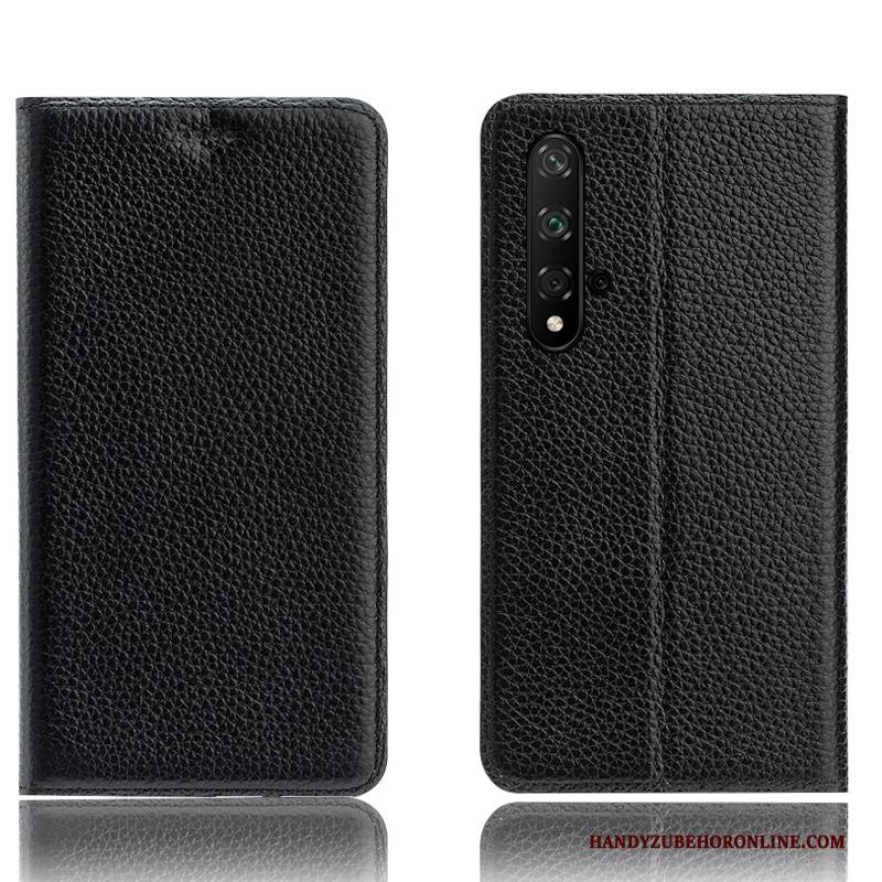 Hülle Huawei Nova 5t Schutz Litchi Muster, Case Huawei Nova 5t Taschen Handyhüllen Schwarz