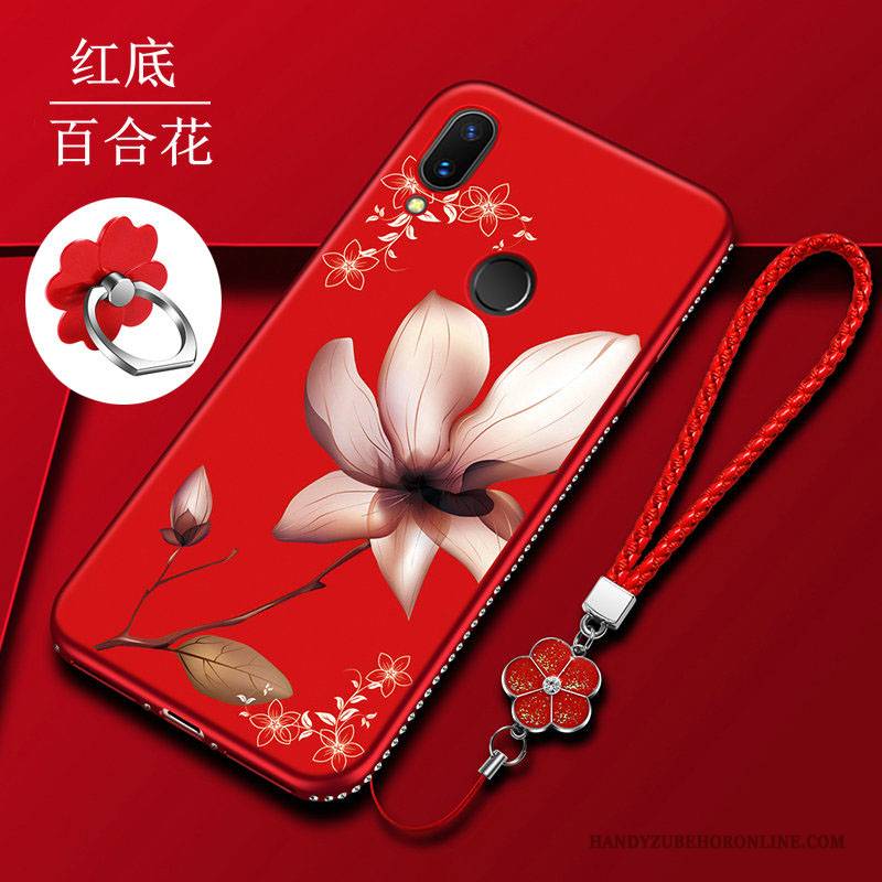 Hülle Huawei P Smart 2019 Taschen Rot Handyhüllen, Case Huawei P Smart 2019 Schutz Blumen Nubuck