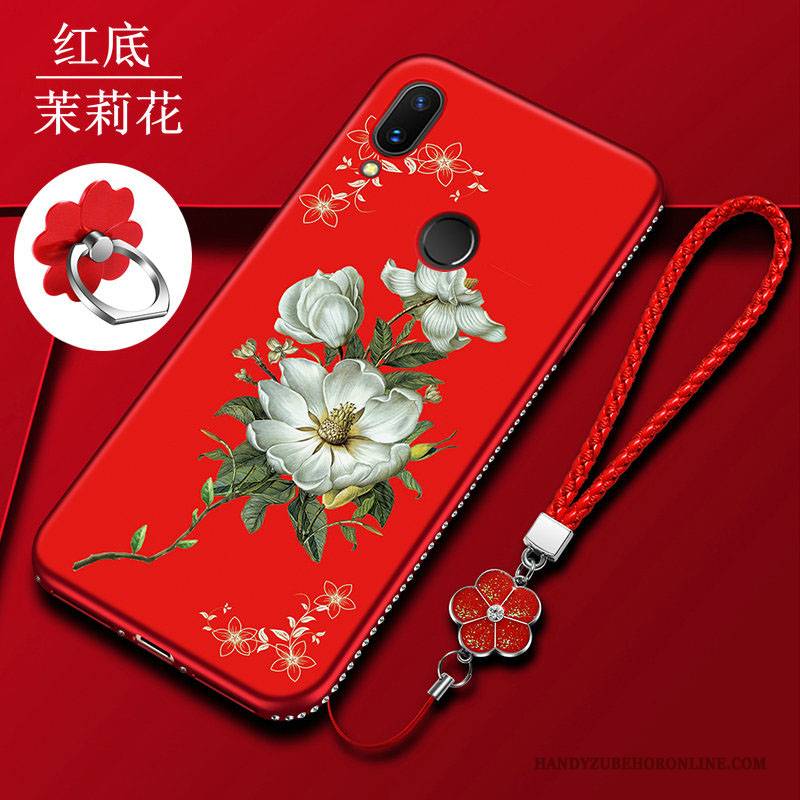 Hülle Huawei P Smart 2019 Taschen Rot Handyhüllen, Case Huawei P Smart 2019 Schutz Blumen Nubuck